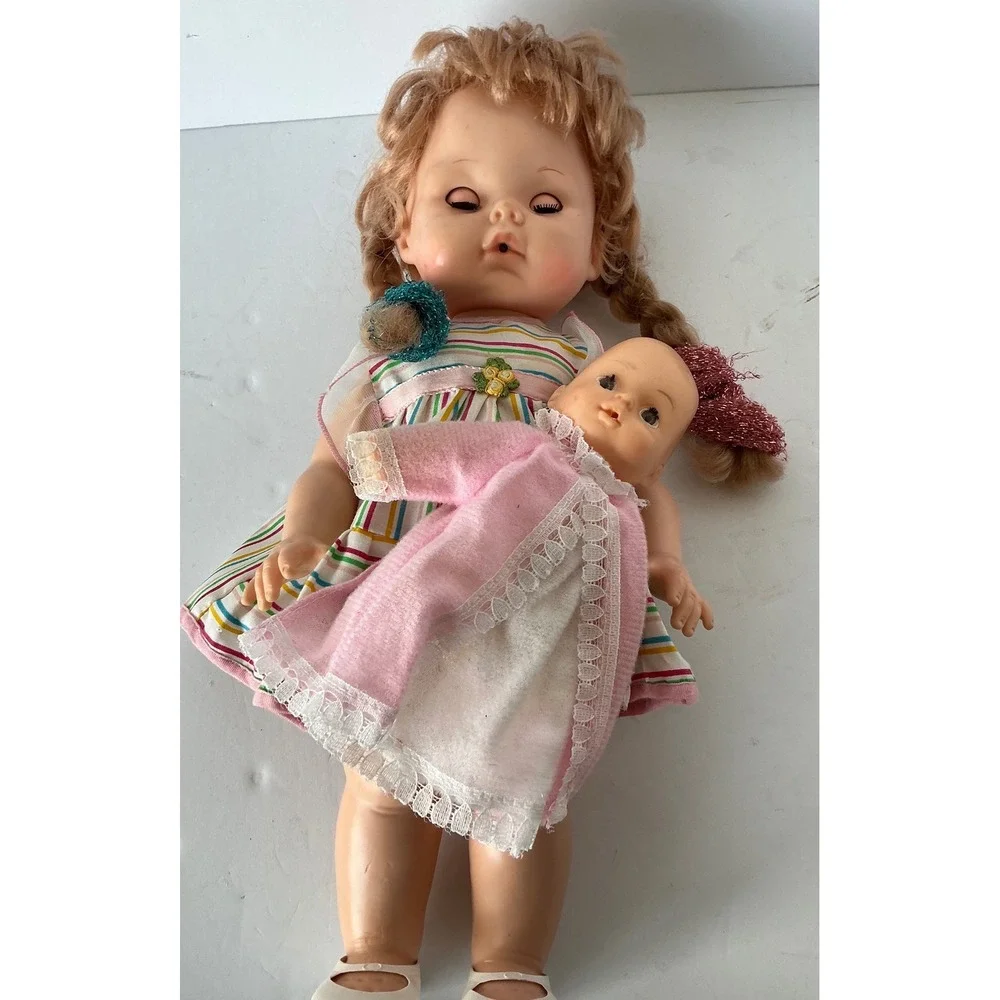 Eegee‎ Co Softina Vintage Doll Set Striped Dress Pink Lace Outfit 13in 1980s